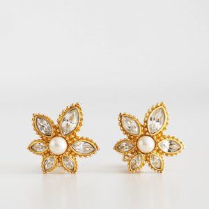 Christian Dior Vintage Gold-Toned Clip-On Crystal & Pearl Flower Earrings Signed